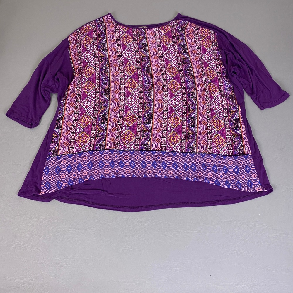 Como Vintage Tunic Top Women's 3X Purple Geometric Tribal 3/4 Sleeve Boho *Flaw*